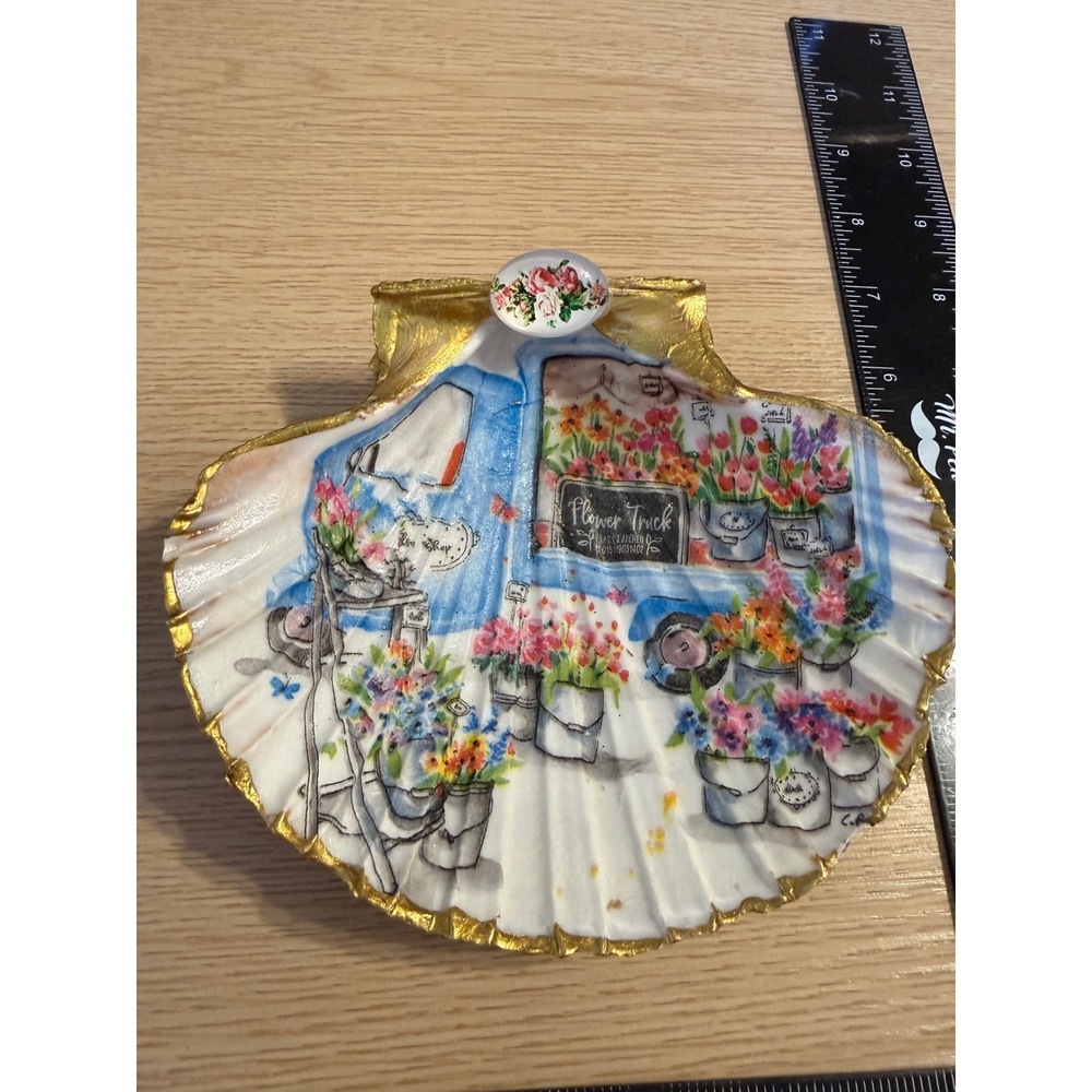 Handmade Decoupage Scallop Shell Trinket Flower Truck Gold Gilded Jewelry Tray